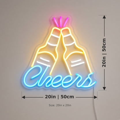 Cheers Clinking Beer Bottles for Man Cave Bar Wall LED Neon Sign - size guide