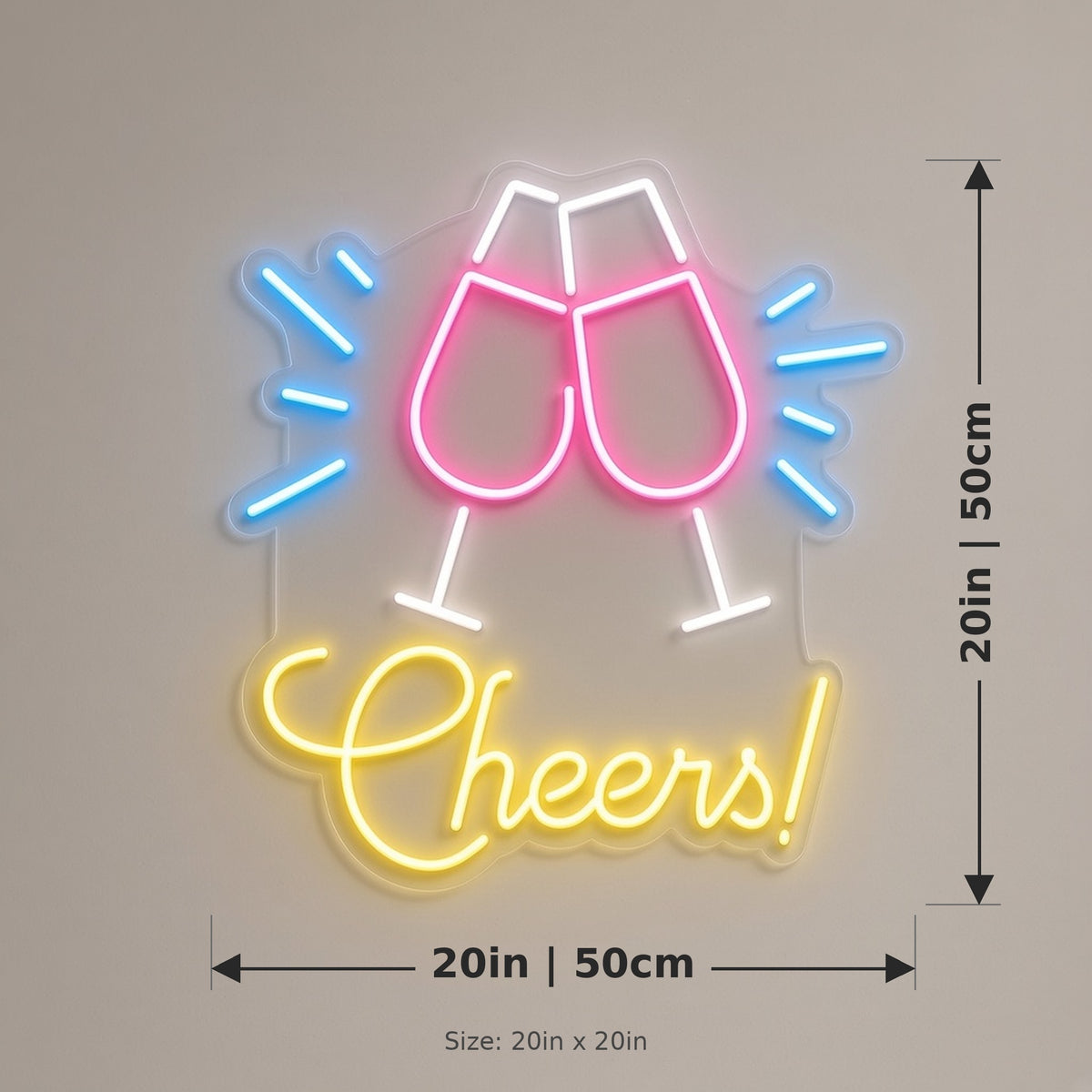 Cheers Toasting Glasses for Home Bar Party Wall LED Neon Sign - size guide