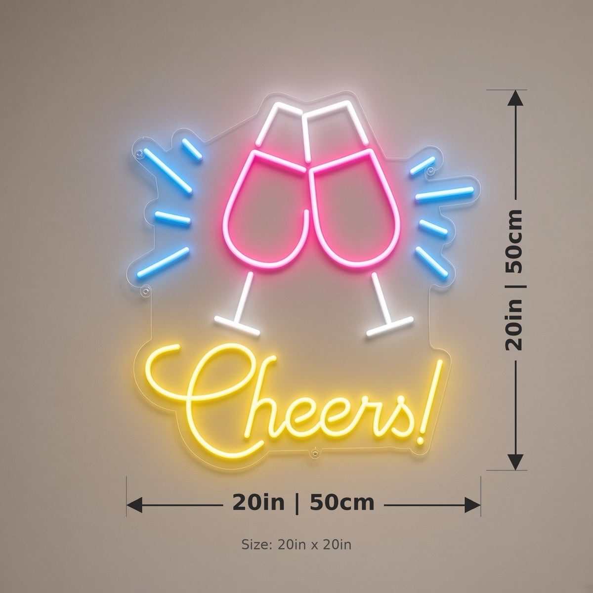 Cheers Toasting Wine Glasses for Home Bar Basement LED Neon Sign - size guide