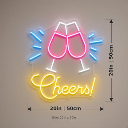 Cheers Toasting Wine Glasses for Home Bar Basement LED Neon Sign - size guide