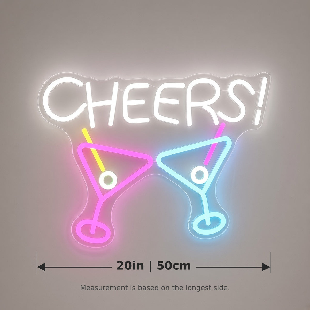 Cheers Letters Martini Glasses for Home Bar Party LED Neon Sign - size guide