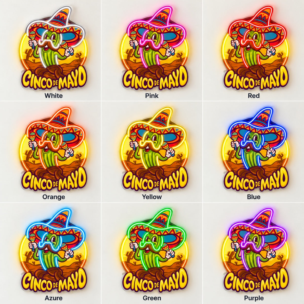 Cinco De Mayo Maraca Cactus LED Neon Sign - nine-color grid