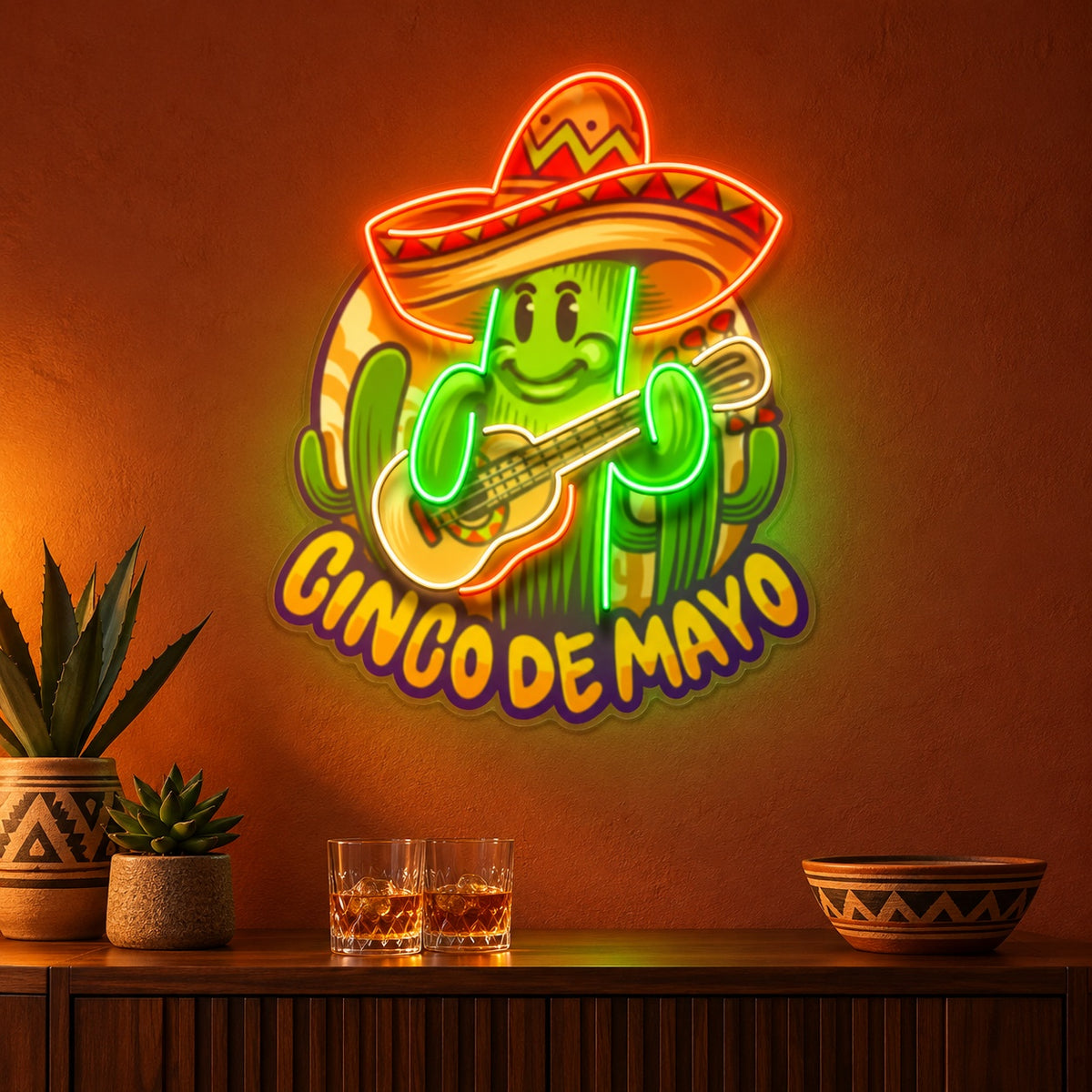 Cinco De Mayo Sombrero Guitar Cactus LED Neon Sign - advertising view