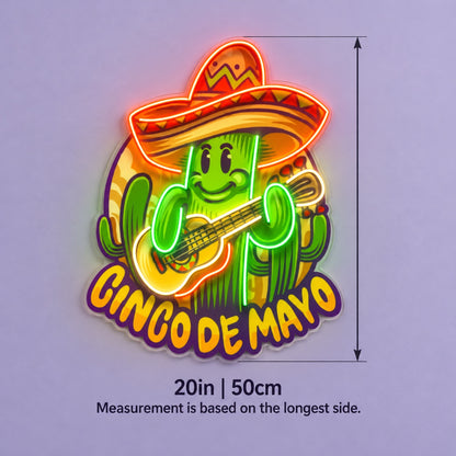 Cinco De Mayo Sombrero Guitar Cactus LED Neon Sign - size guide