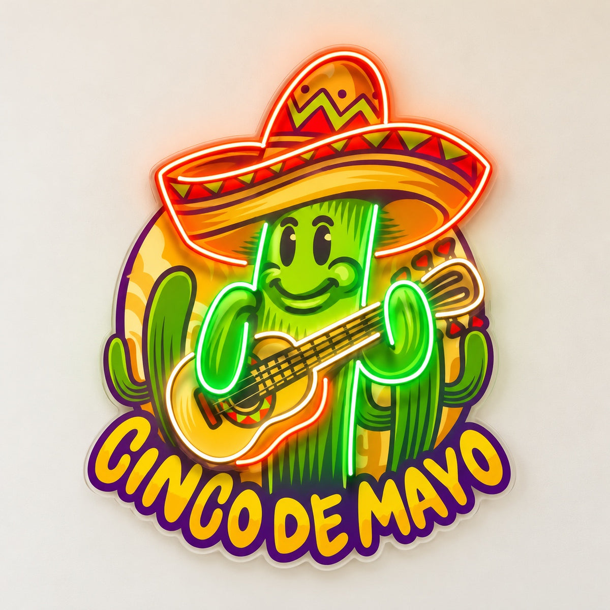 Cinco De Mayo Sombrero Guitar Cactus LED Neon Sign - natural light view