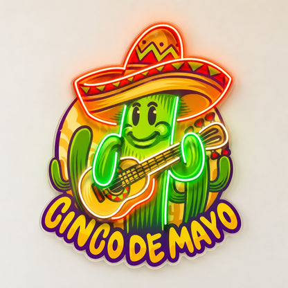 Cinco De Mayo Sombrero Guitar Cactus LED Neon Sign - natural light view