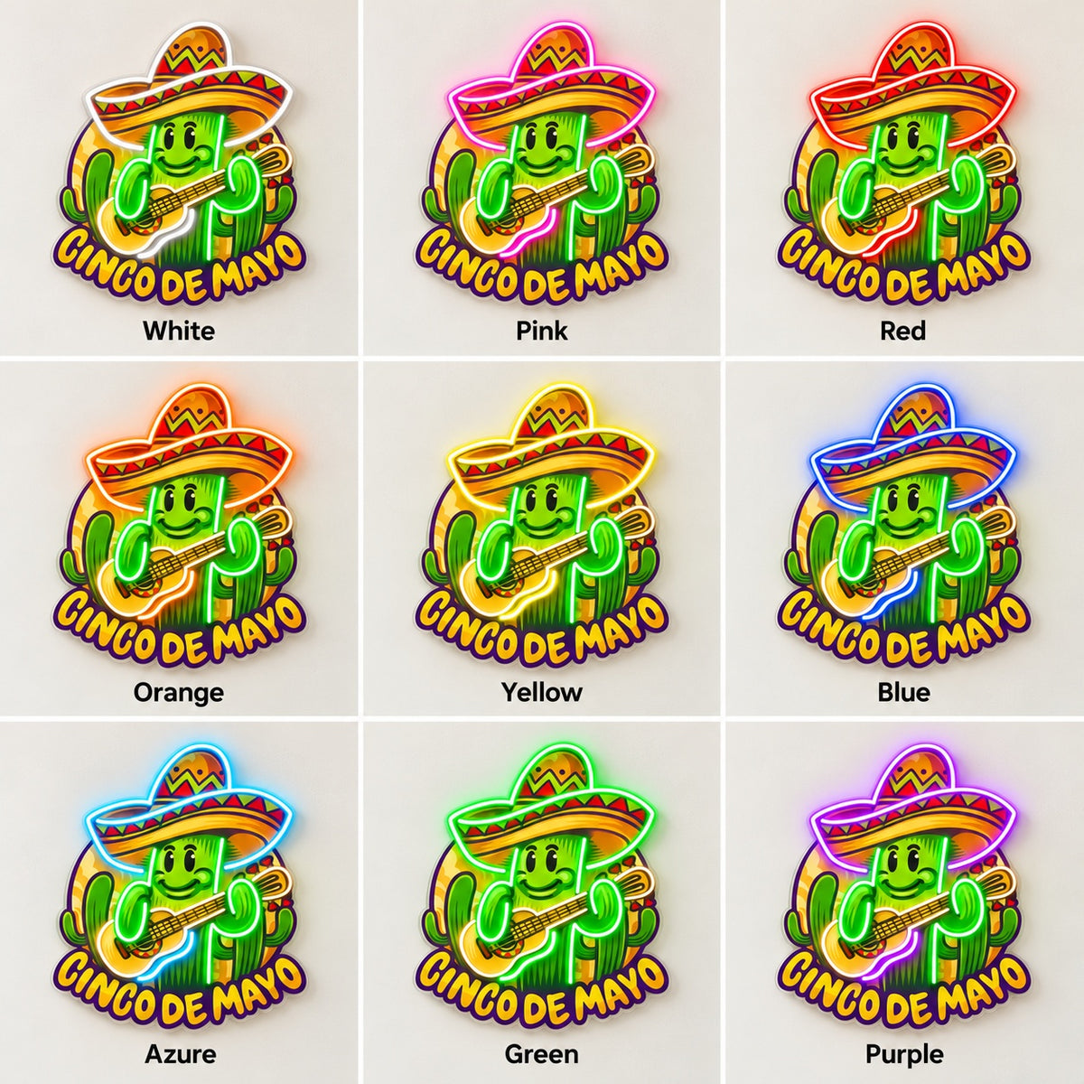 Cinco De Mayo Sombrero Guitar Cactus LED Neon Sign - nine-color grid