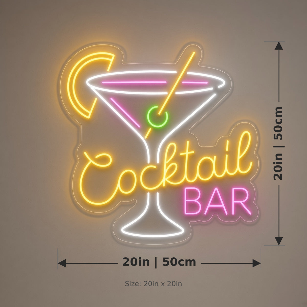 Cocktail Bar LED Neon Sign - size guide