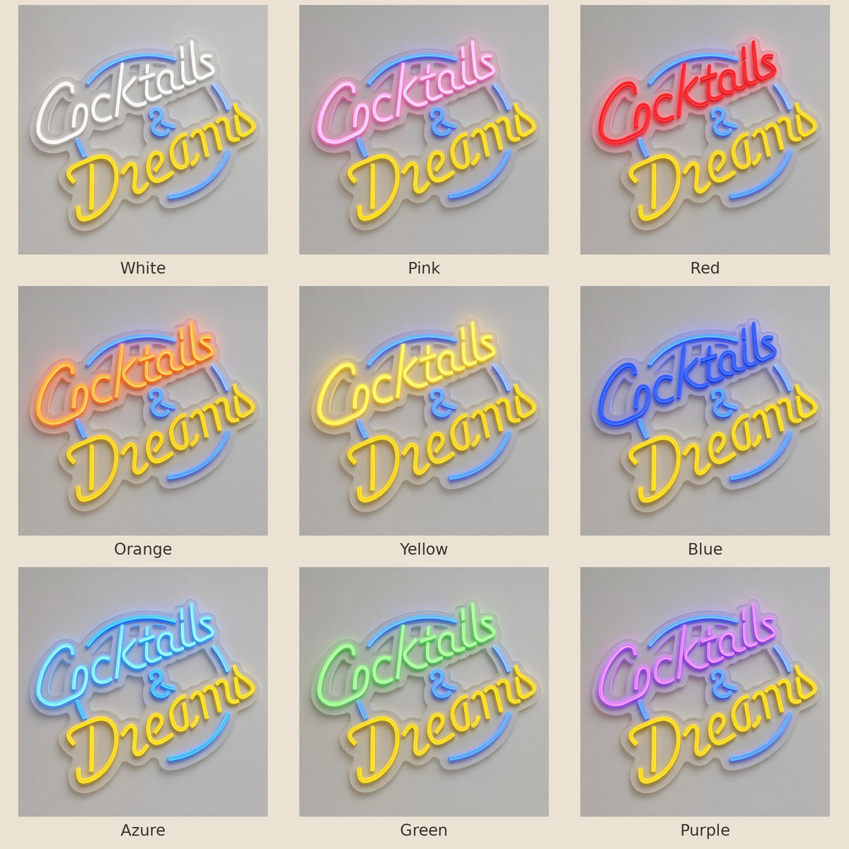 Cocktails & Dreams Cocktail Bar Decor LED Neon Sign - nine-color grid