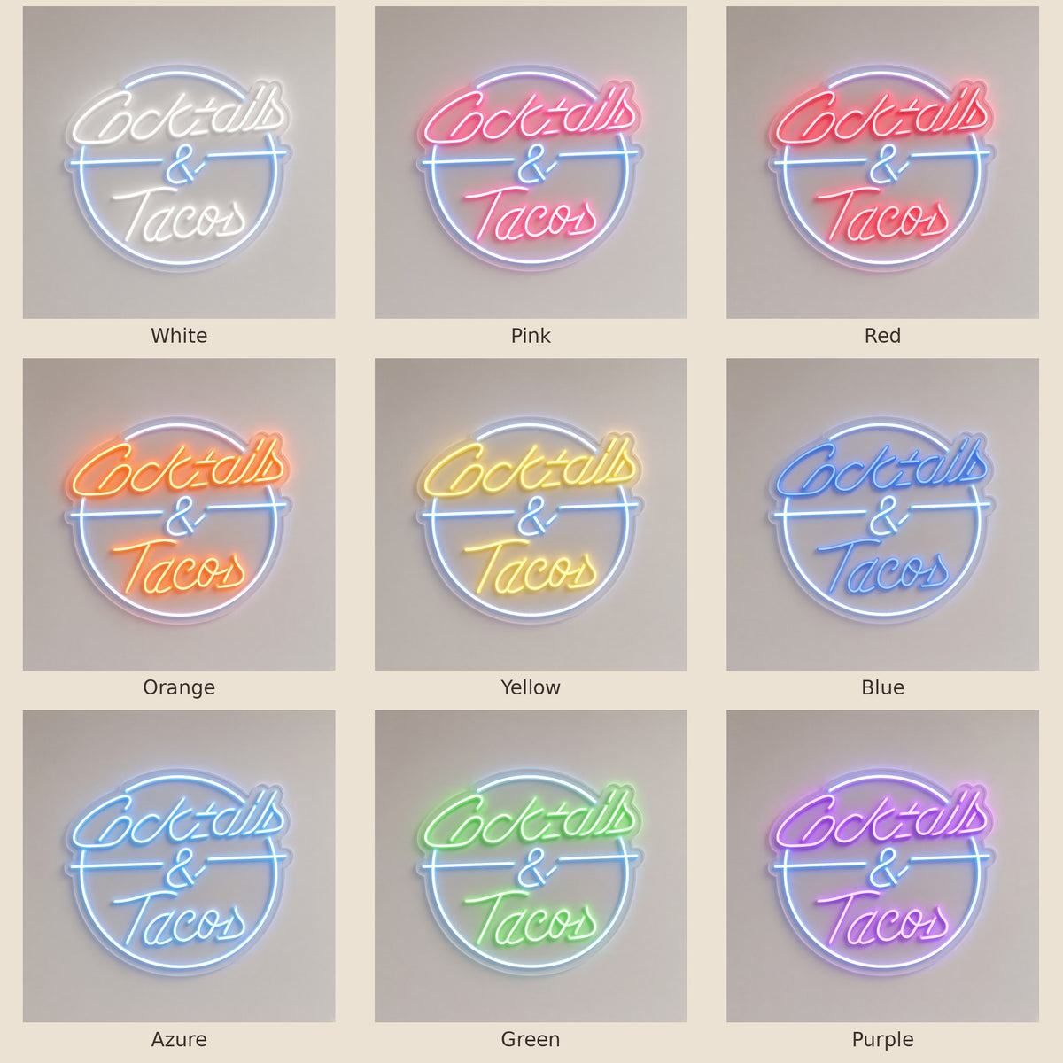 Cocktails & Tacos LED Neon Sign - nine-color grid