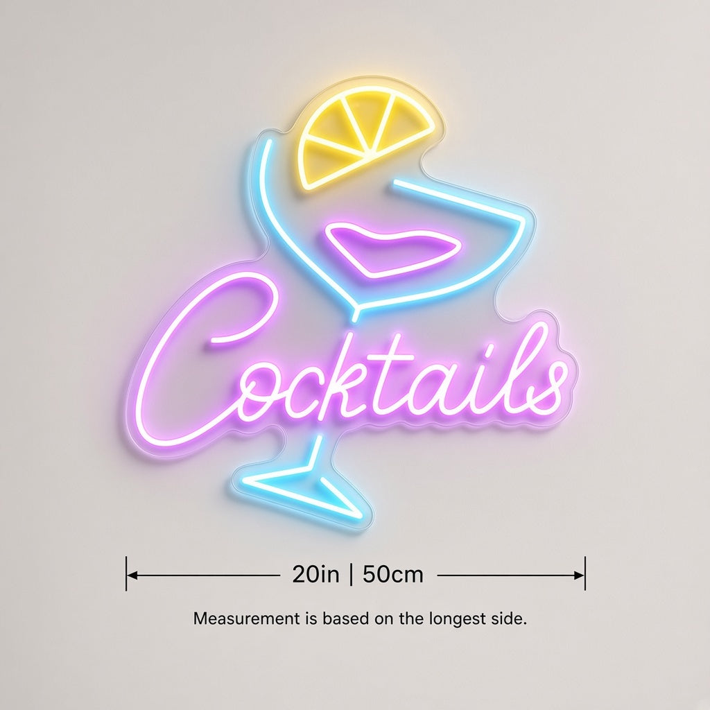 Cocktails Home Bar Decor LED Neon Sign - size guide