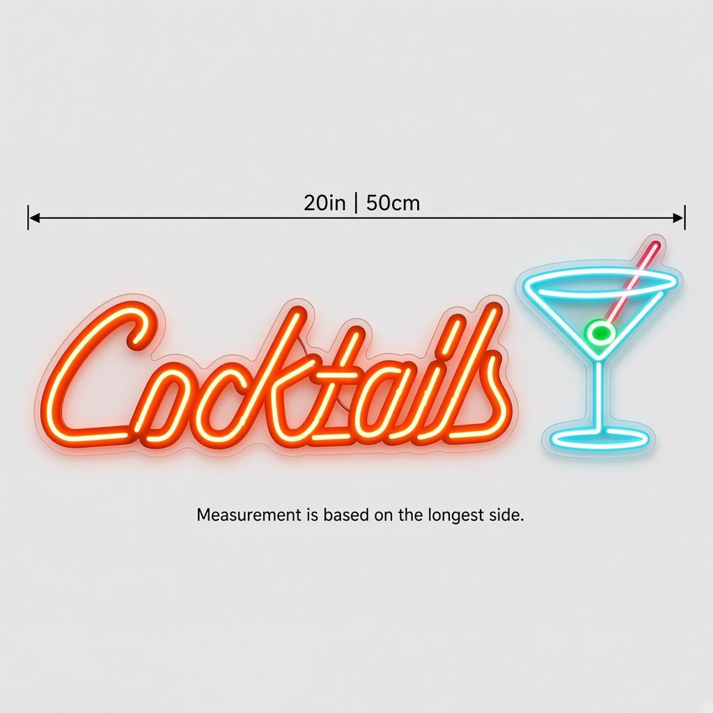 Cocktails Restaurant Decor LED Neon Sign - size guide