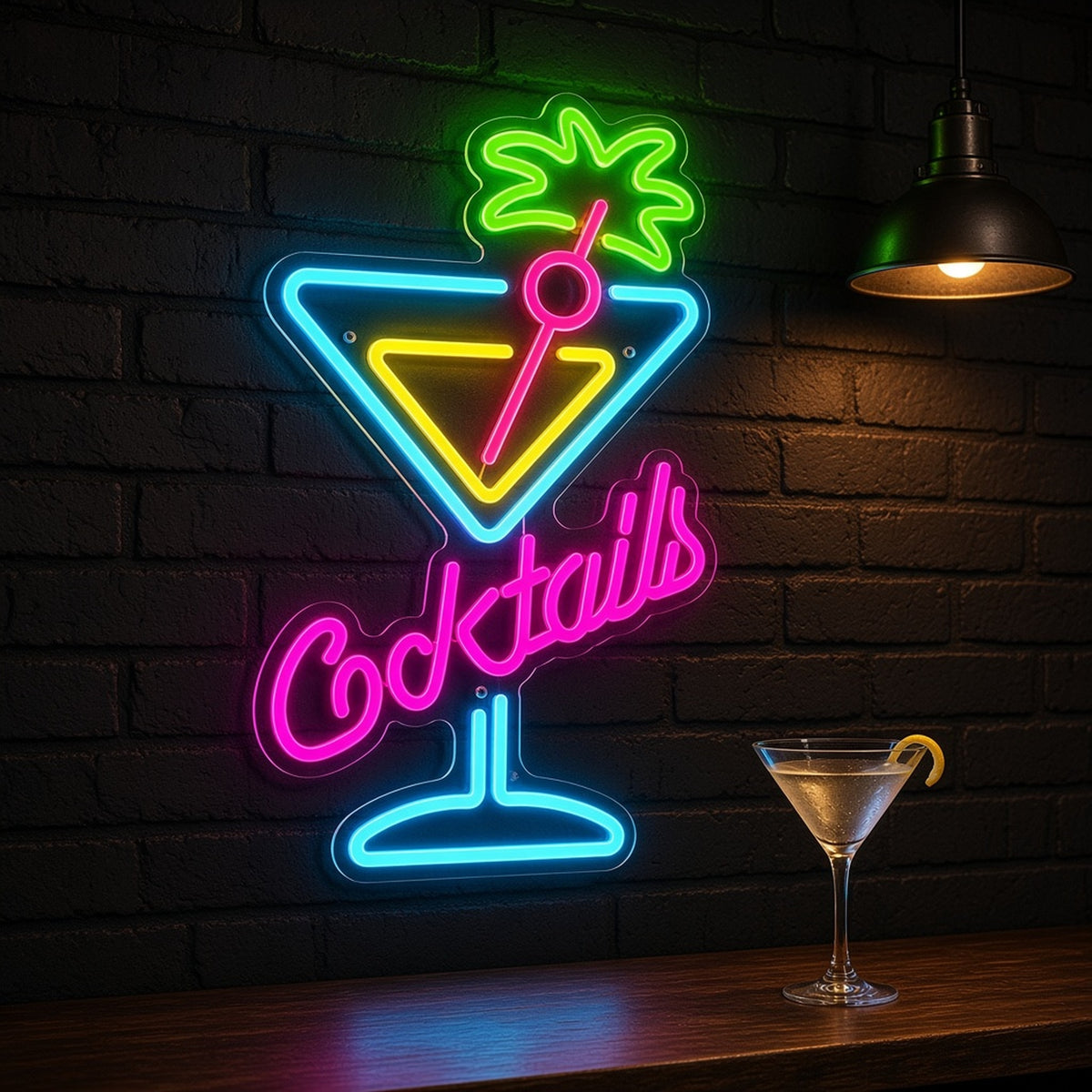 Cocktails Martini Glass Palm for Tiki Bar LED Neon Sign - advertising view
