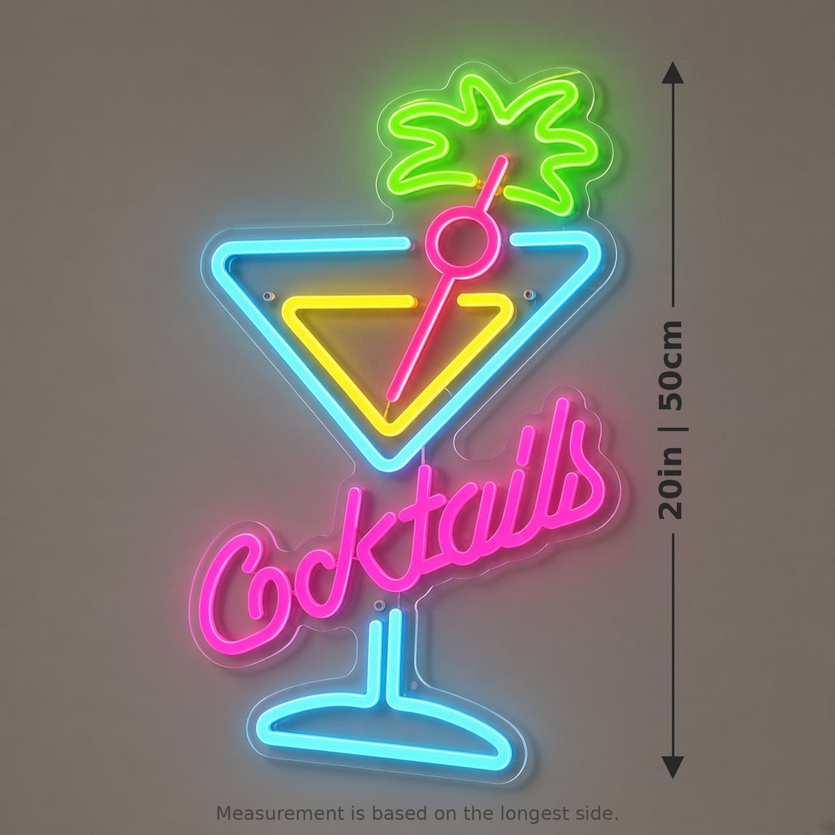 Cocktails Martini Glass Palm for Tiki Bar LED Neon Sign - size guide