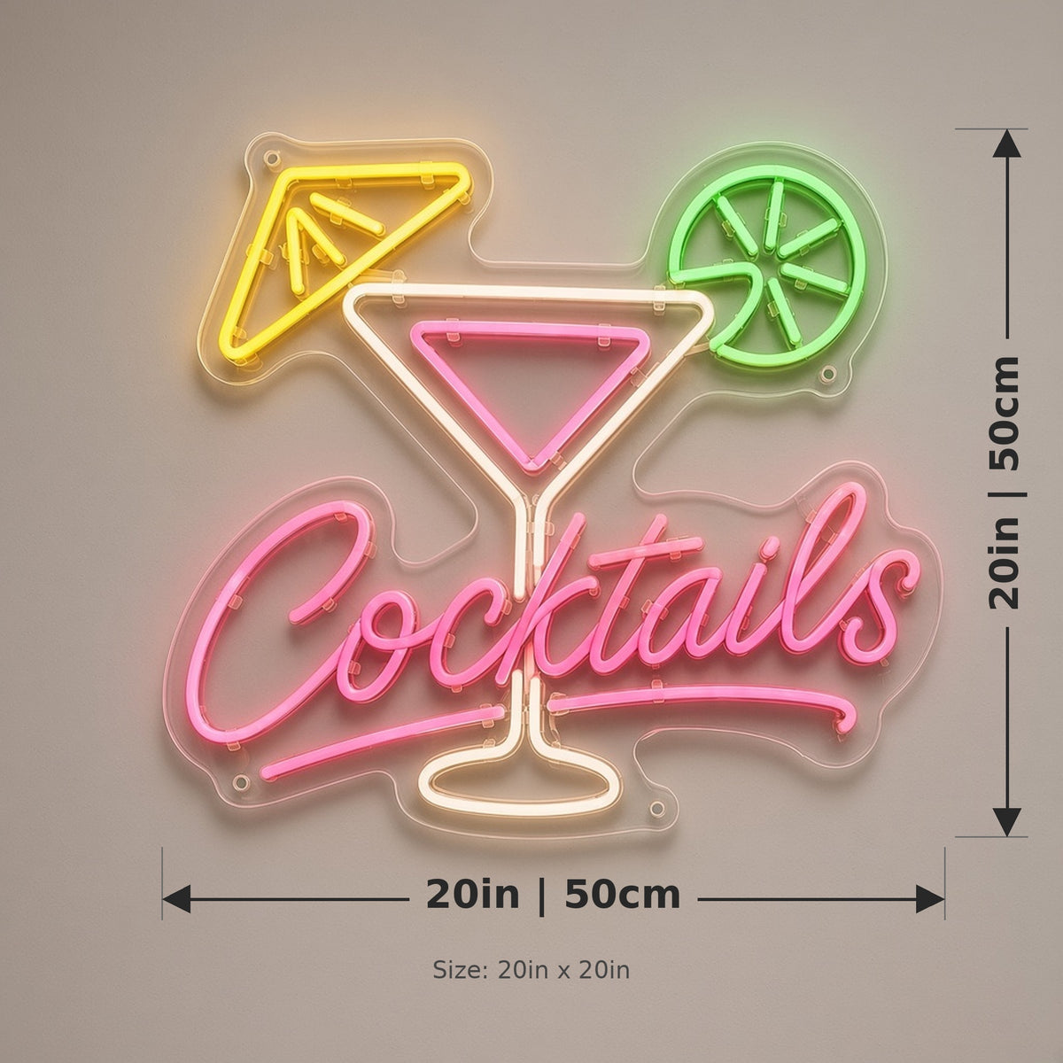 Cocktails Martini Umbrella for Home Bar Wall LED Neon Sign - size guide