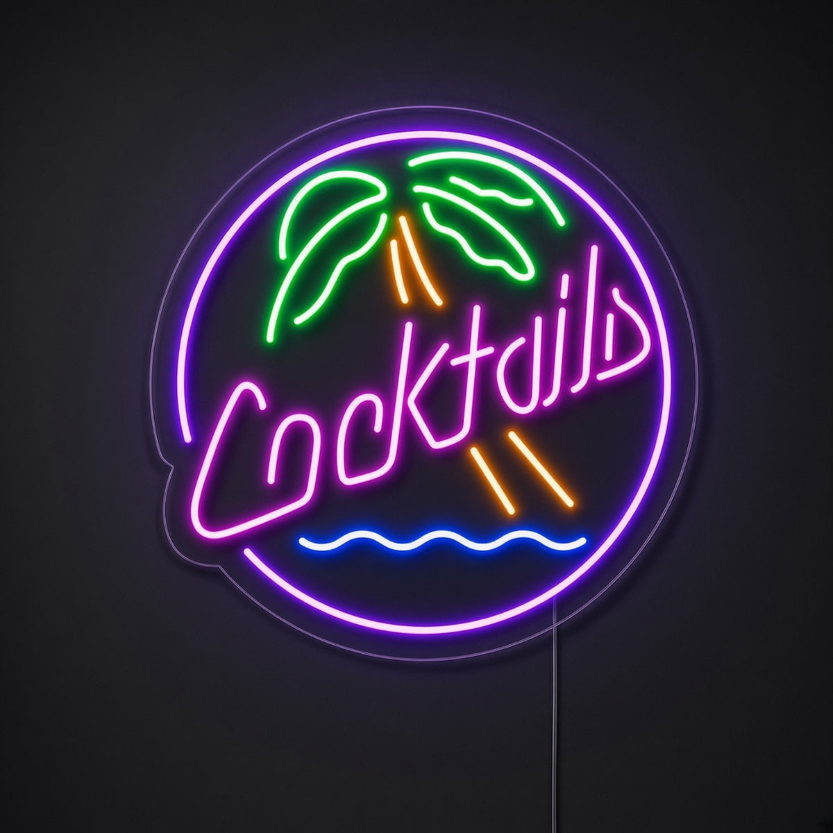 Cocktails Round Palm Tree Ocean Wave Ring for Tiki Bar LED Neon Sign - product hero