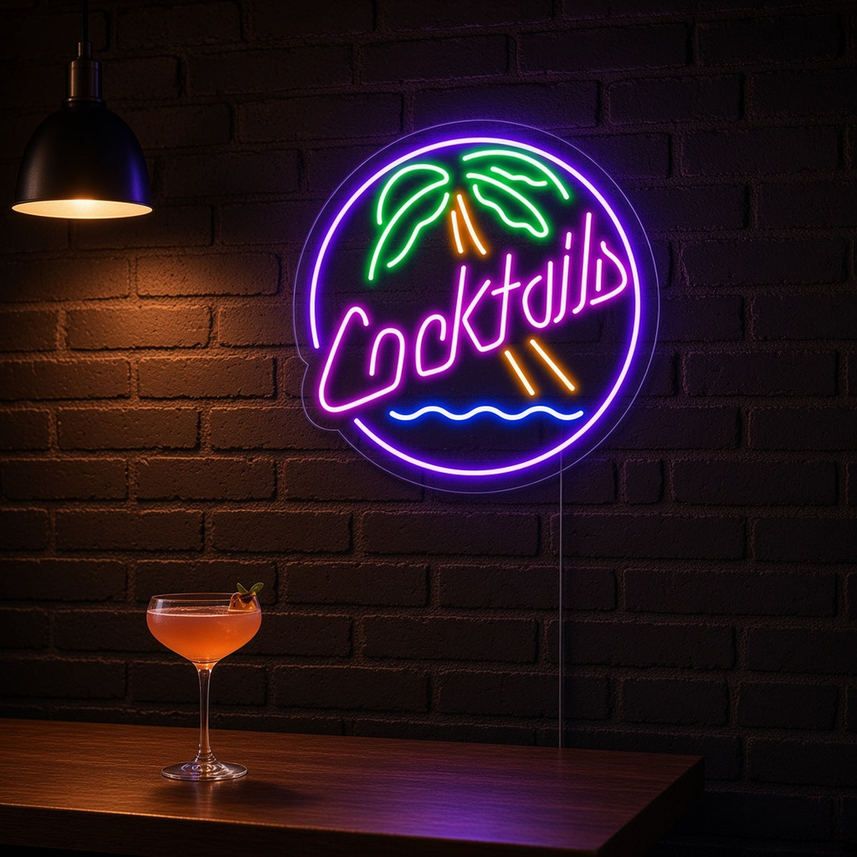 Cocktails Round Palm Tree Ocean Wave Ring for Tiki Bar LED Neon Sign - advertising view