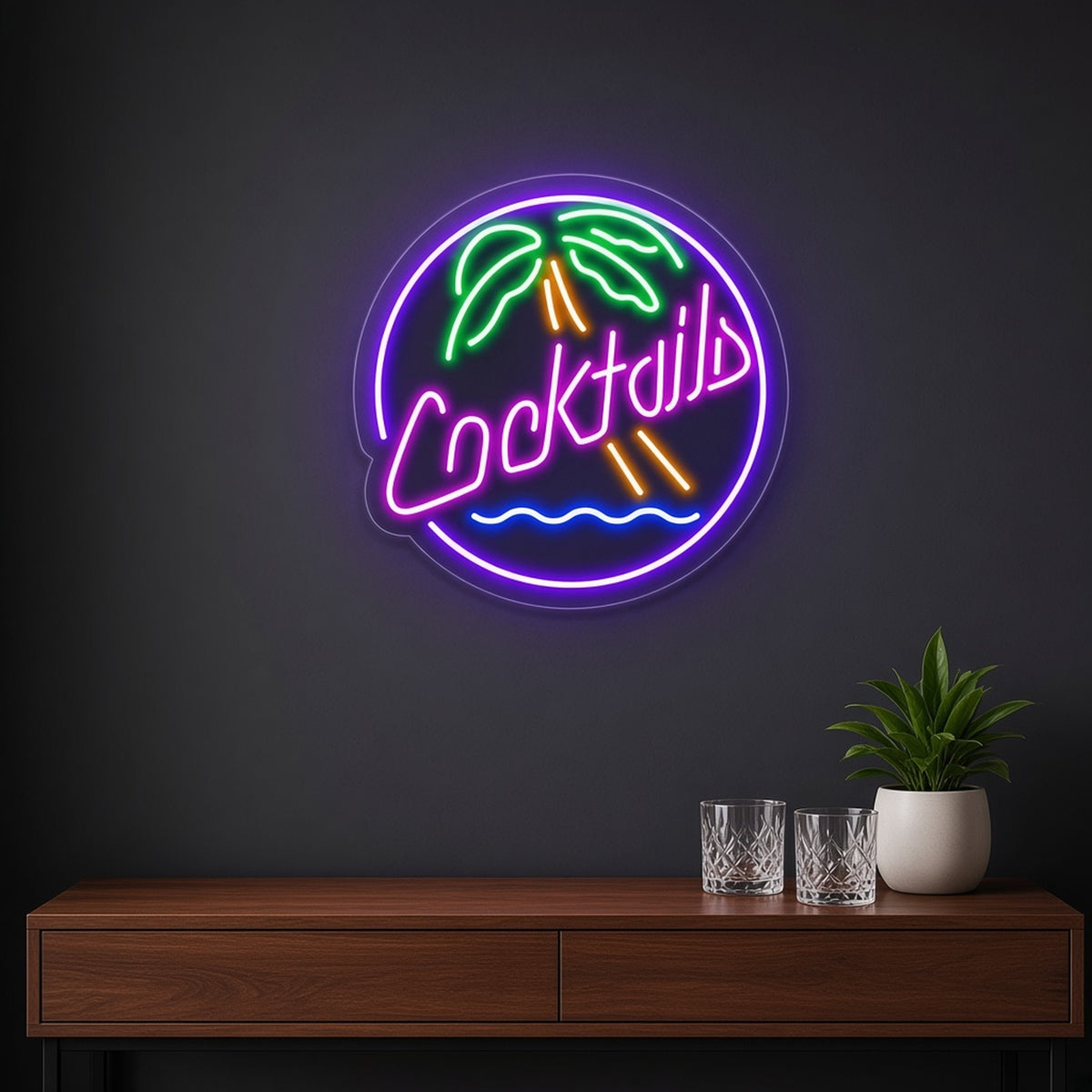 Cocktails Round Palm Tree Ocean Wave Ring for Tiki Bar LED Neon Sign - lifestyle view