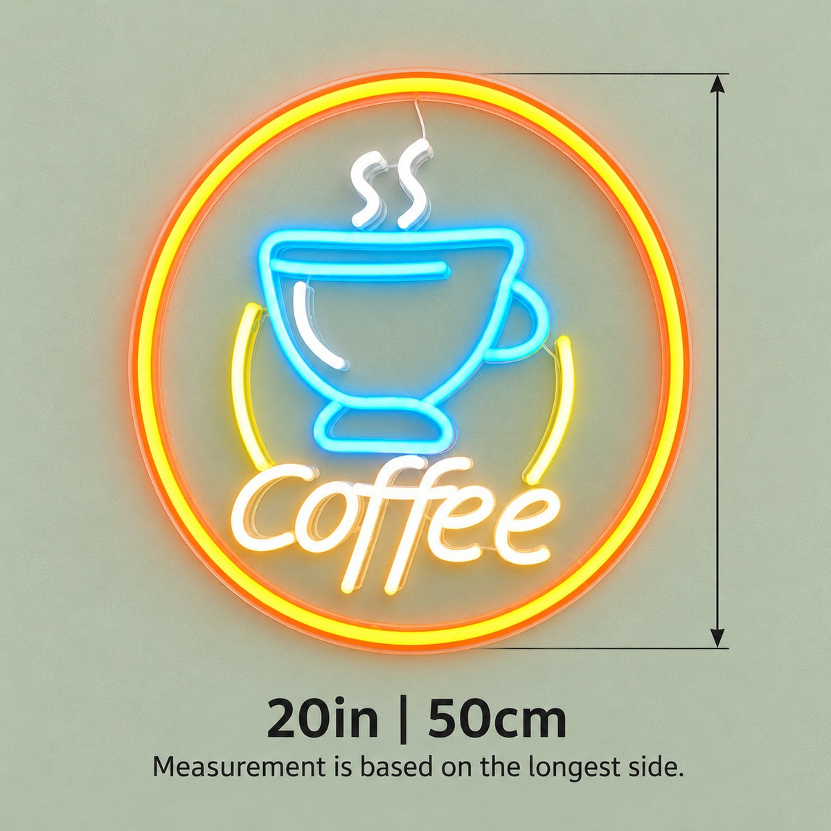 Coffee Cup Circle LED Neon Sign - size guide