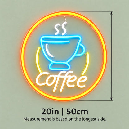 Coffee Cup Circle LED Neon Sign - size guide