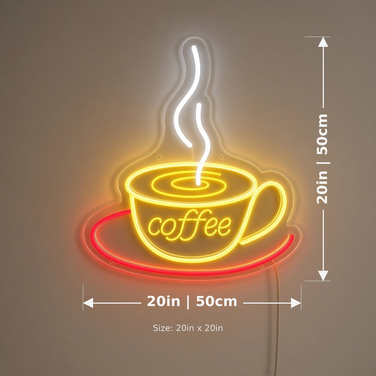 Coffee Cup Latte Swirl Saucer Steam for Cafe LED Neon Sign - size guide
