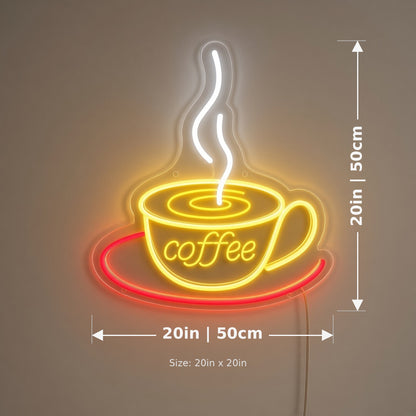 Coffee Cup Latte Swirl Saucer Steam for Cafe LED Neon Sign - size guide