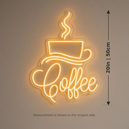 Coffee Golden Steaming Cup Saucer for Breakfast Nook LED Neon Sign - size guide