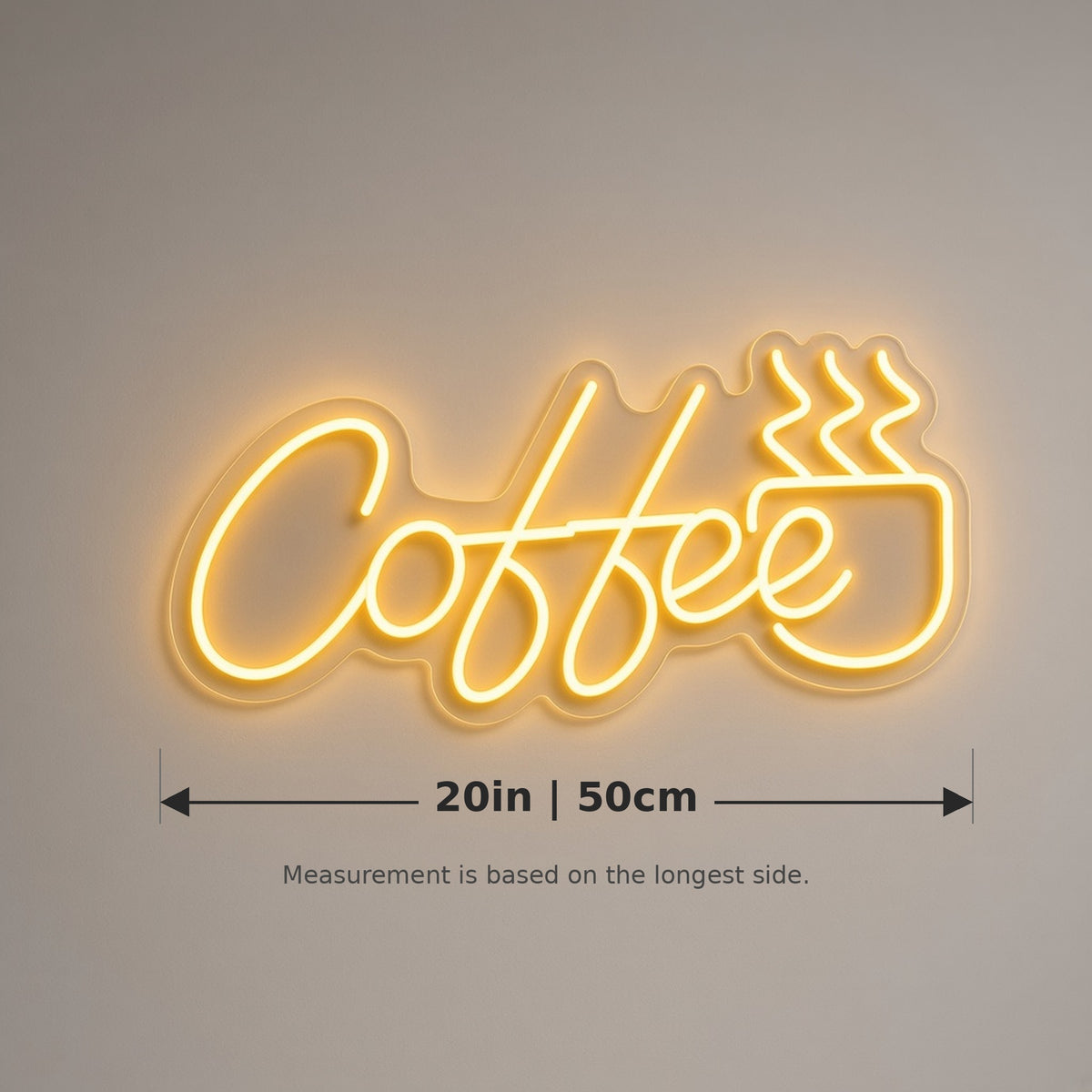 Coffee Golden Steaming Mug with Remote for Kitchen LED Neon Sign - size guide