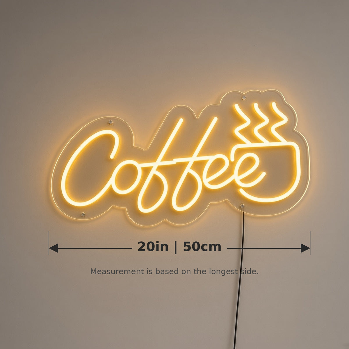 Coffee Golden with Steaming Cup for Kitchen Nook LED Neon Sign - size guide