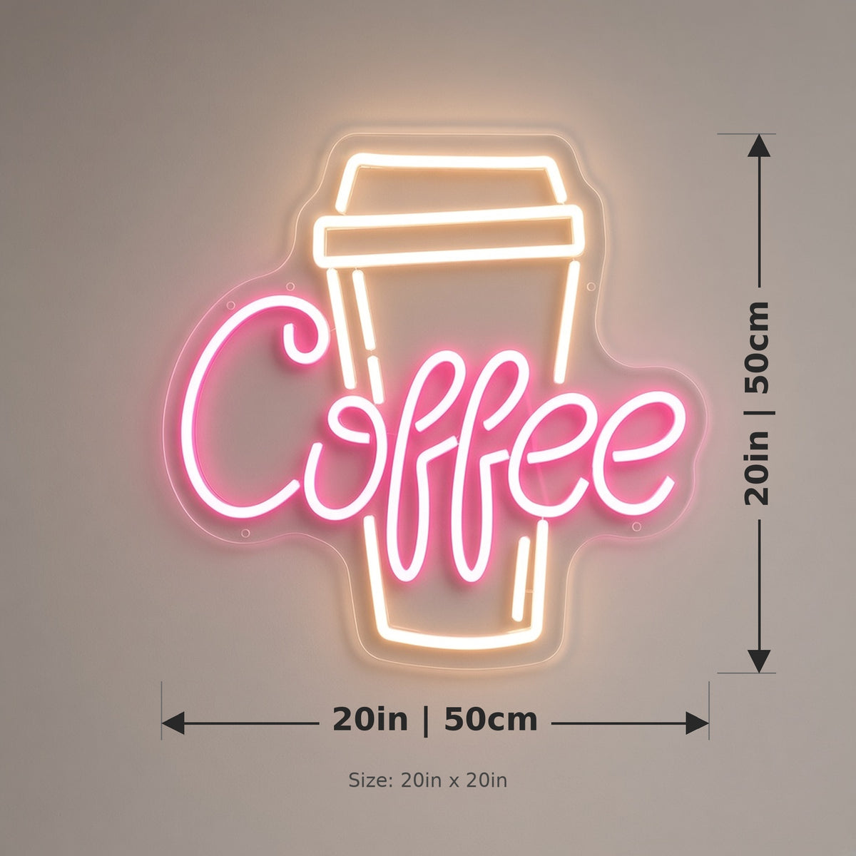 Coffee Hot Takeaway Cup Light for Espresso Bar Wall LED Neon Sign - size guide