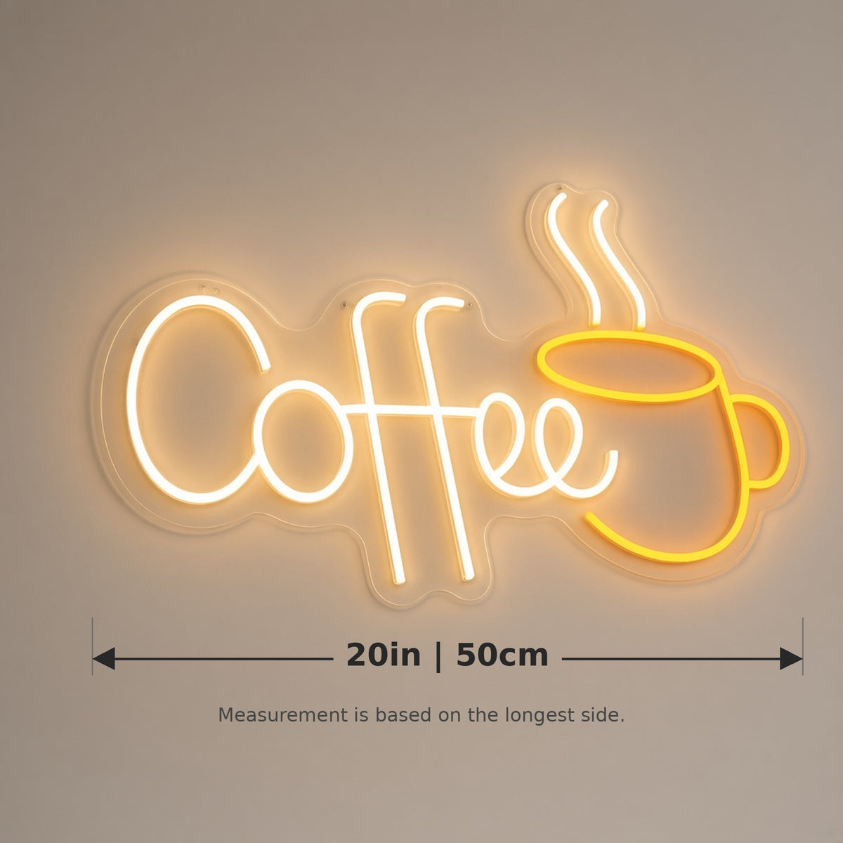 Coffee Steaming Mug for Kitchen Cafe LED Neon Sign - size guide