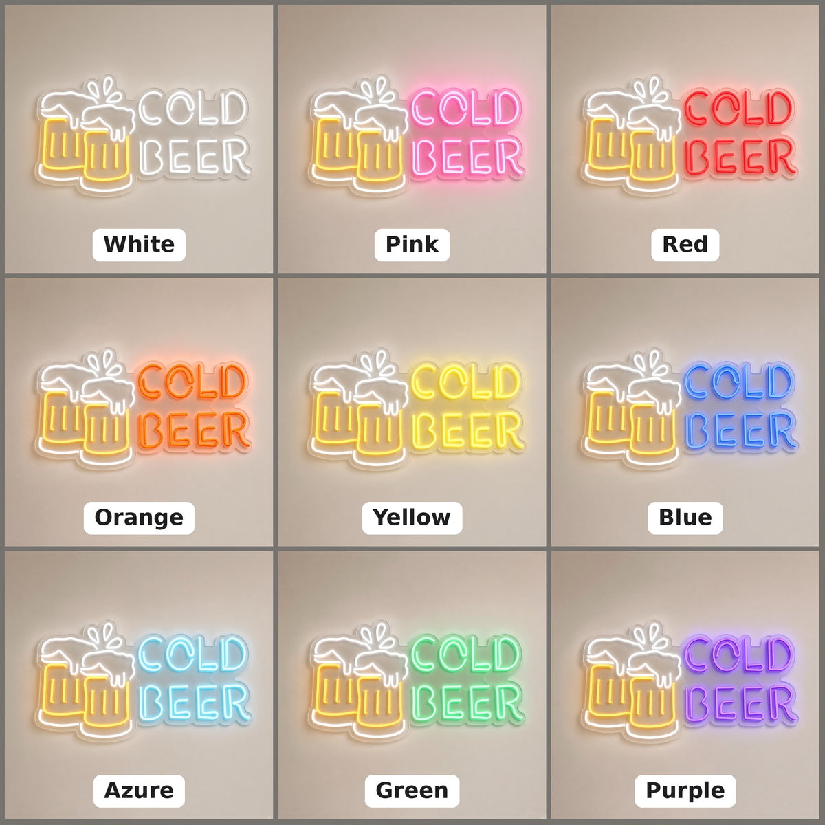 Cold Beer Letters Clinking Beer Mugs for Bar Man Cave LED Neon Sign - nine-color grid