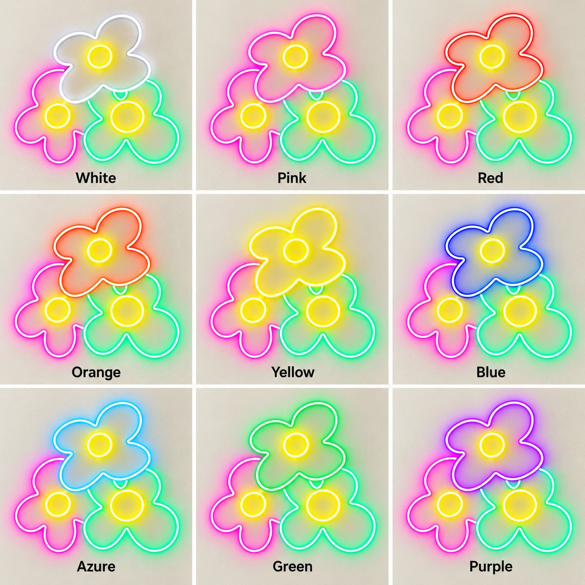 Colorful Flower Trio LED Neon Sign - nine-color grid