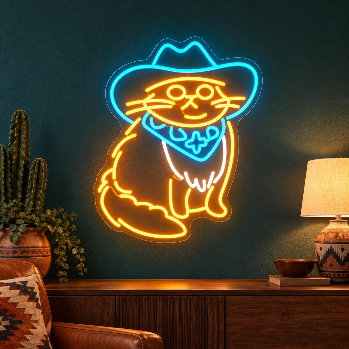 Cowboy Cat with Bandana LED Neon Sign - advertising view