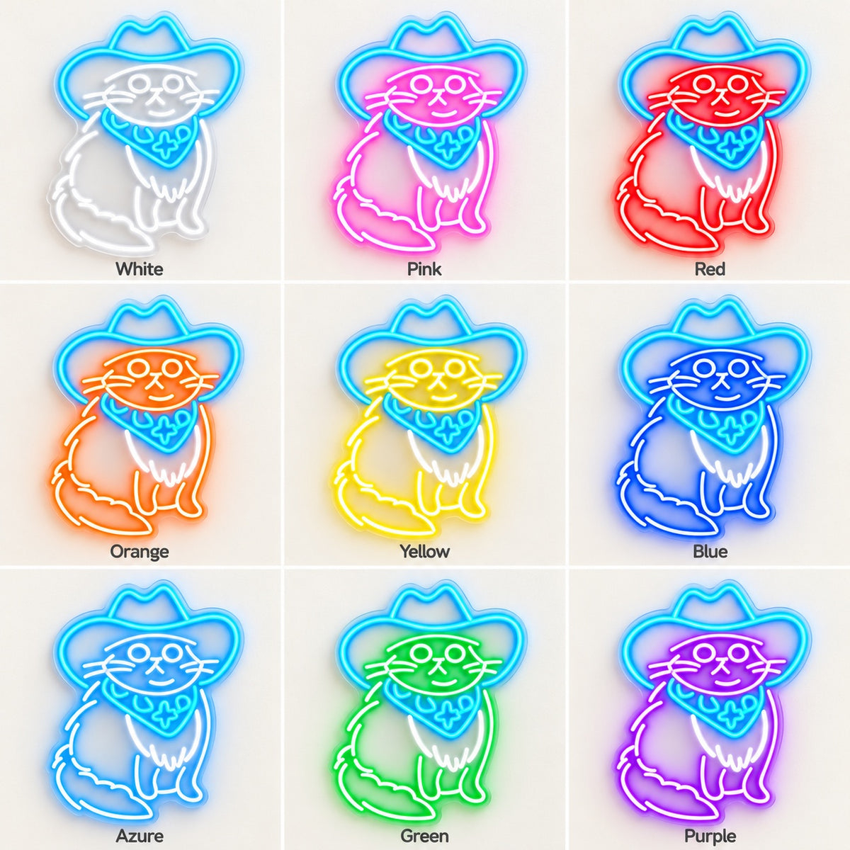 Cowboy Cat with Bandana LED Neon Sign - nine-color grid