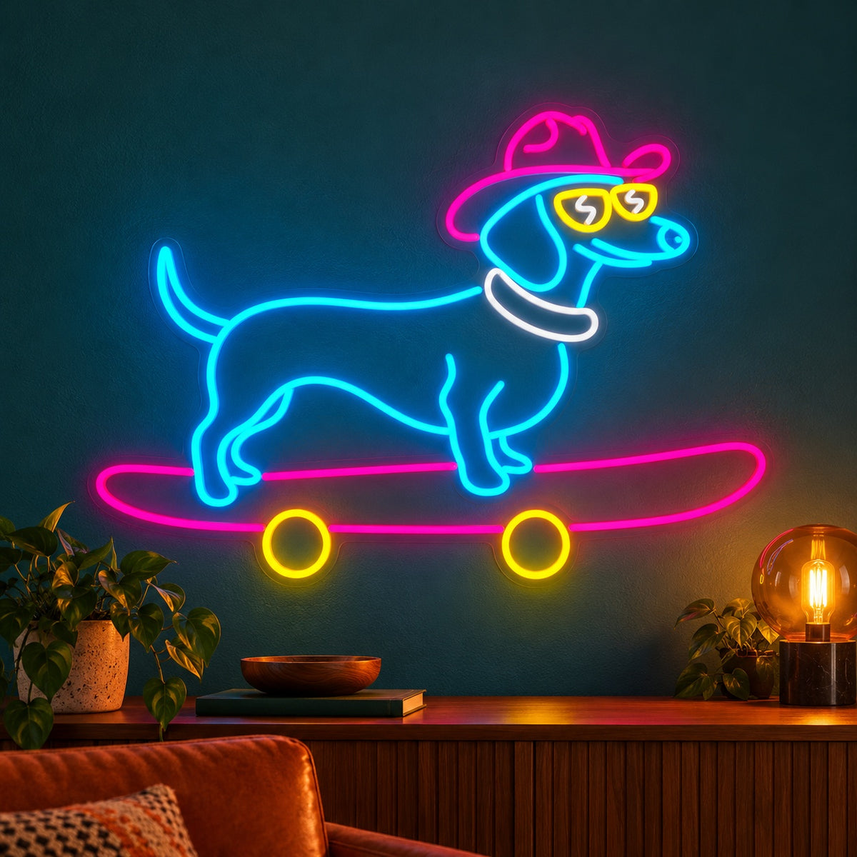 Cowboy Dachshund on Skateboard LED Neon Sign - advertising view