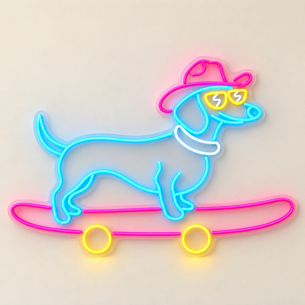 Cowboy Dachshund on Skateboard LED Neon Sign - natural light view