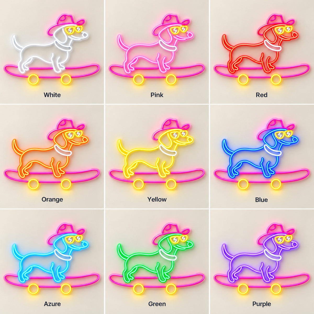 Cowboy Dachshund on Skateboard LED Neon Sign - nine-color grid