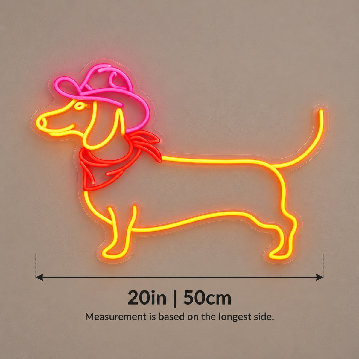Cowboy Dachshund with Bandana LED Neon Sign - size guide
