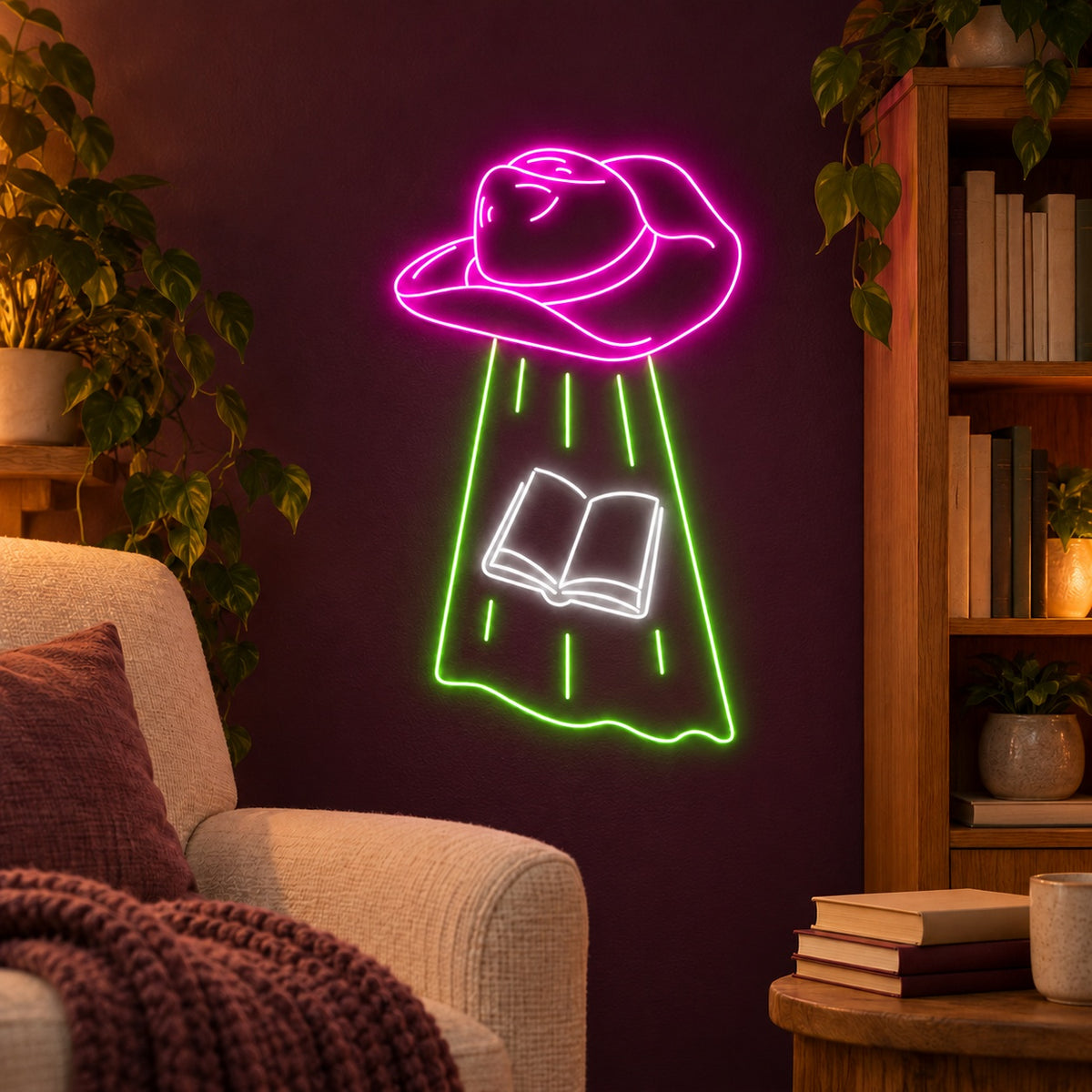 Cowboy Hat UFO Abducting Book LED Neon Sign - advertising view