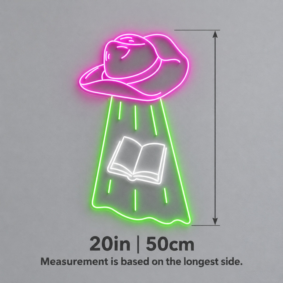 Cowboy Hat UFO Abducting Book LED Neon Sign - size guide