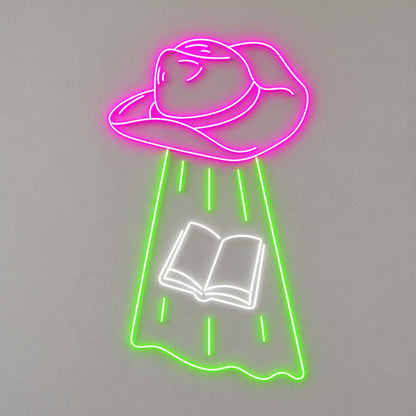 Cowboy Hat UFO Abducting Book LED Neon Sign - natural light view