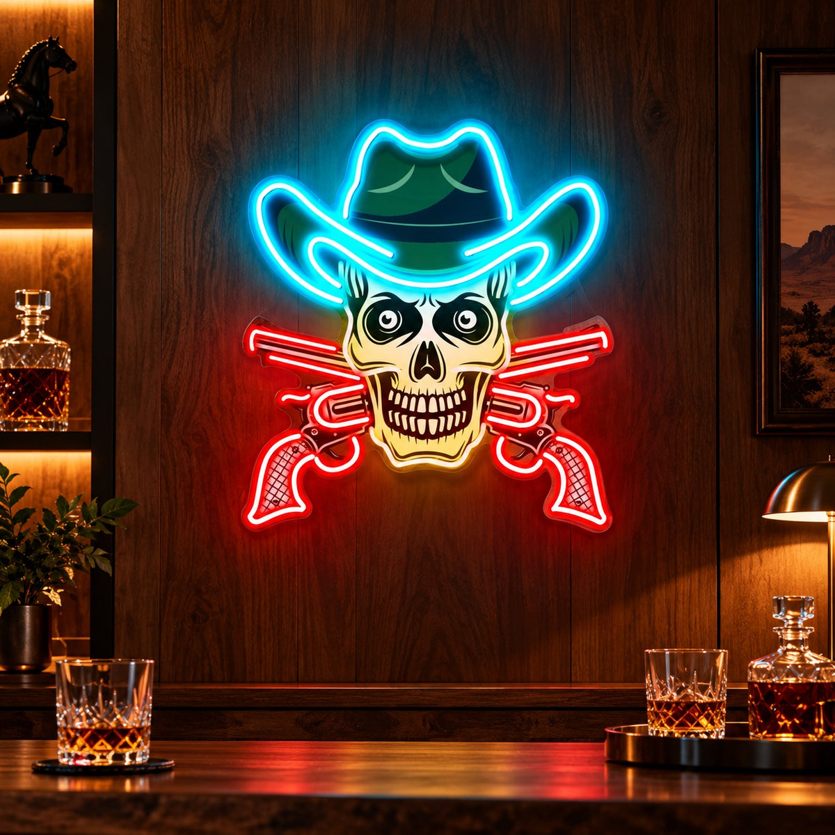 Cowboy Skull with Crossed Revolvers LED Neon Sign - advertising view