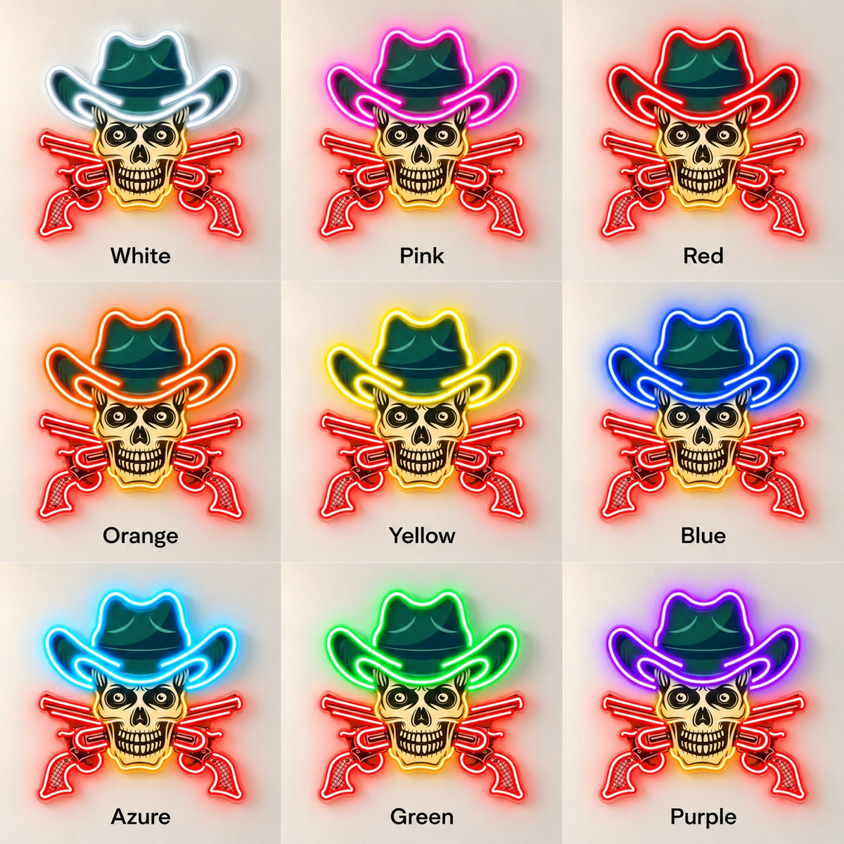 Cowboy Skull with Crossed Revolvers LED Neon Sign - nine-color grid