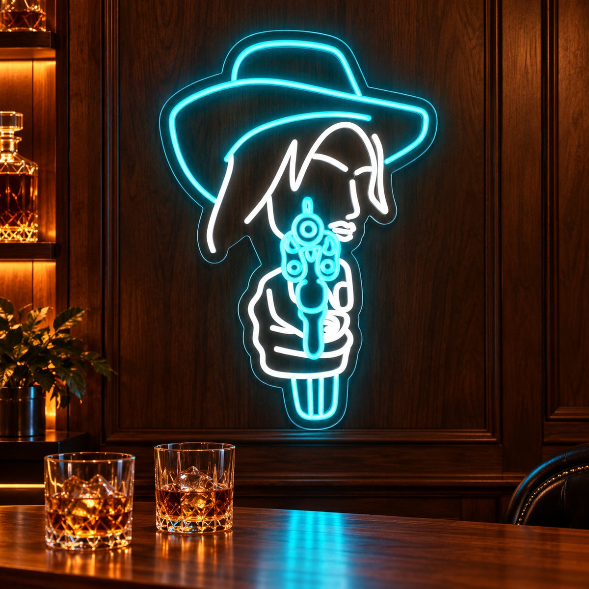 Cowgirl Aiming Revolver LED Neon Sign - advertising view
