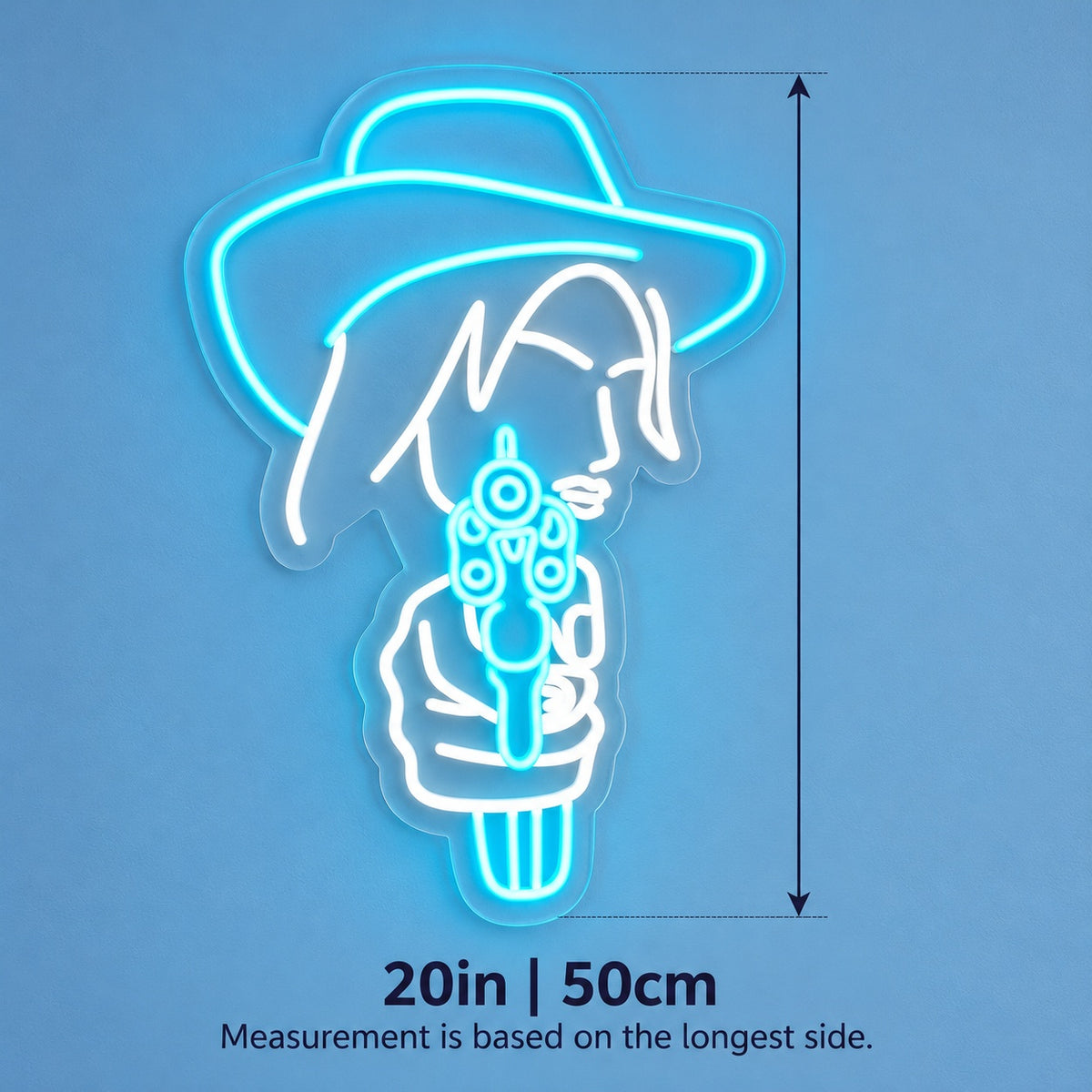 Cowgirl Aiming Revolver LED Neon Sign - size guide
