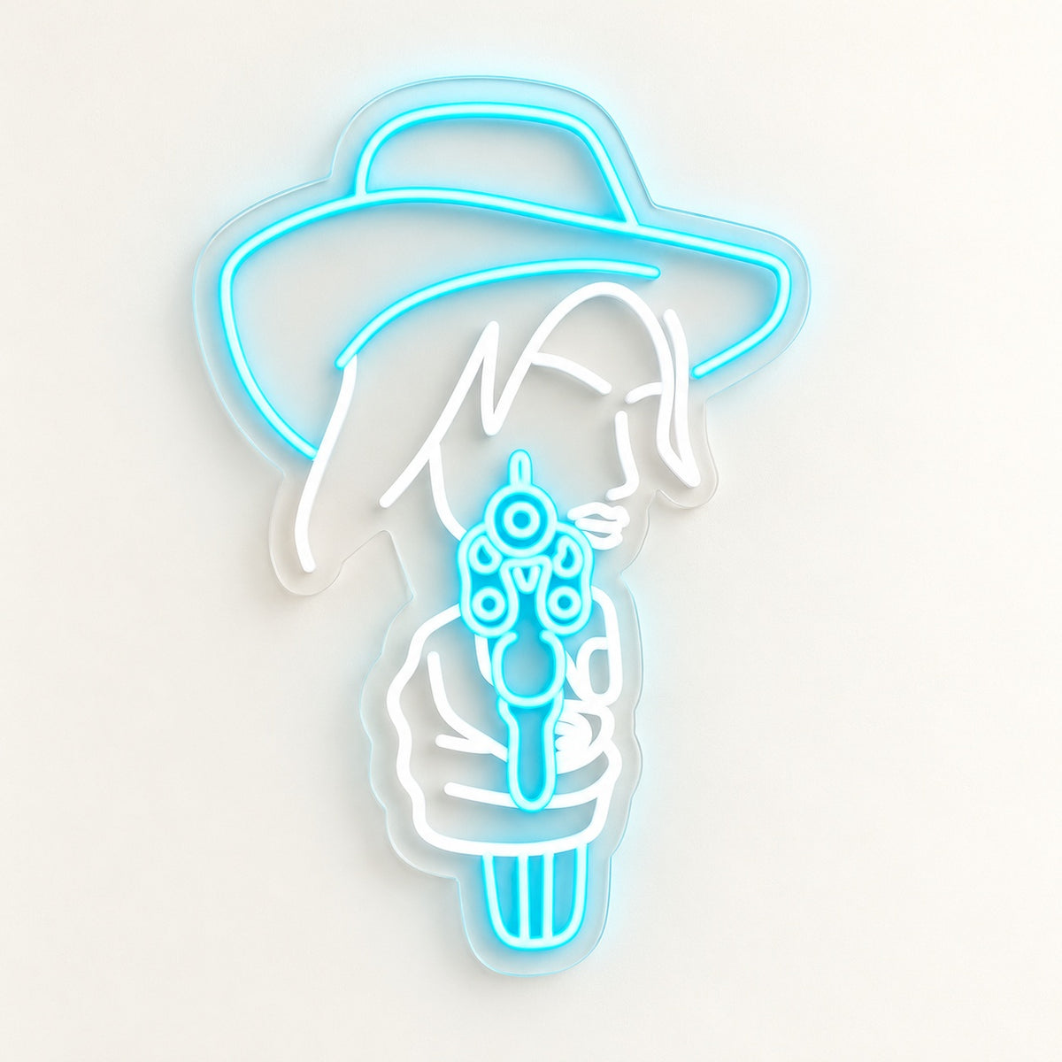 Cowgirl Aiming Revolver LED Neon Sign - natural light view