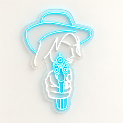 Cowgirl Aiming Revolver LED Neon Sign - natural light view