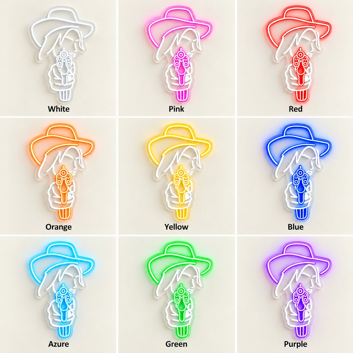 Cowgirl Aiming Revolver LED Neon Sign - nine-color grid
