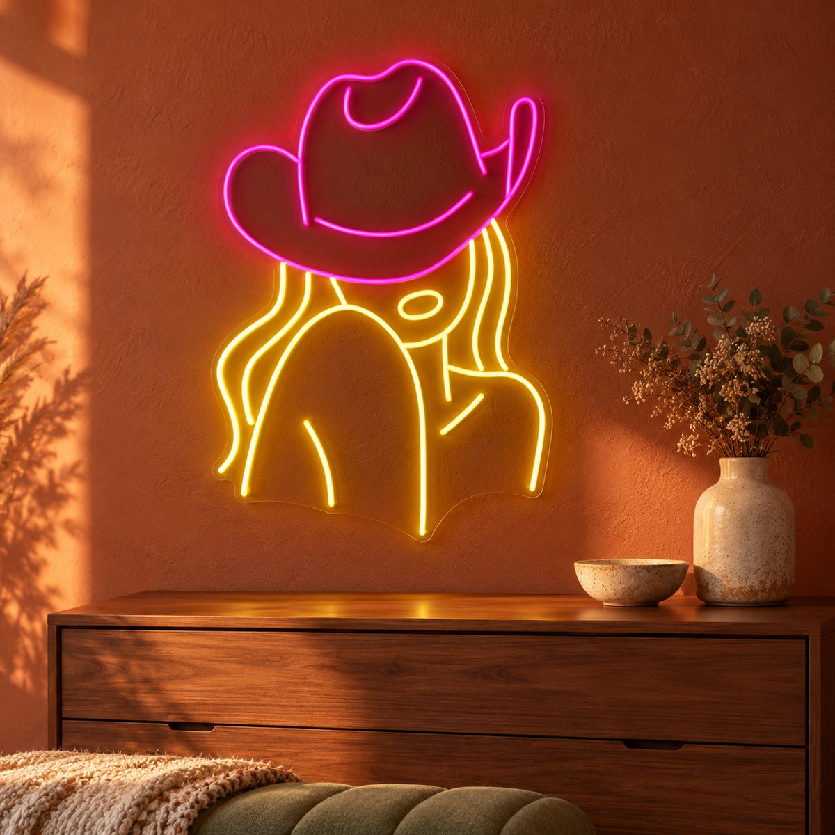 Cowgirl Portrait with Cowboy Hat LED Neon Sign - advertising view
